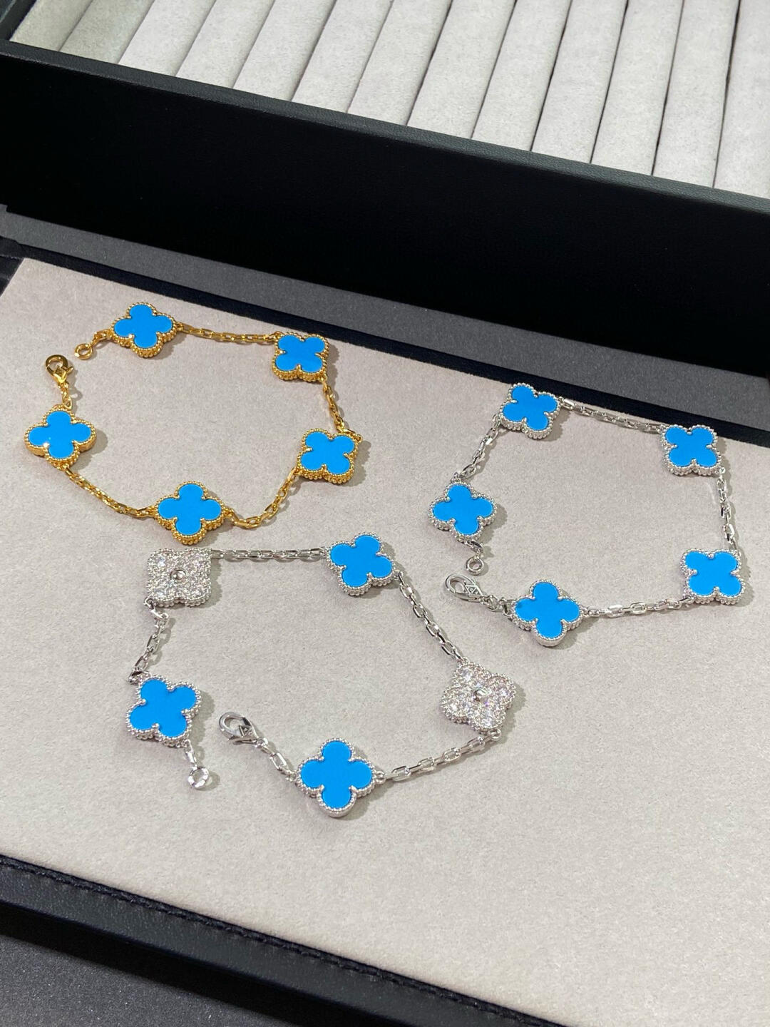 VCA Blue Agate VIntage Alhambra Bracelet, 5 Motifs - Original Replica Club