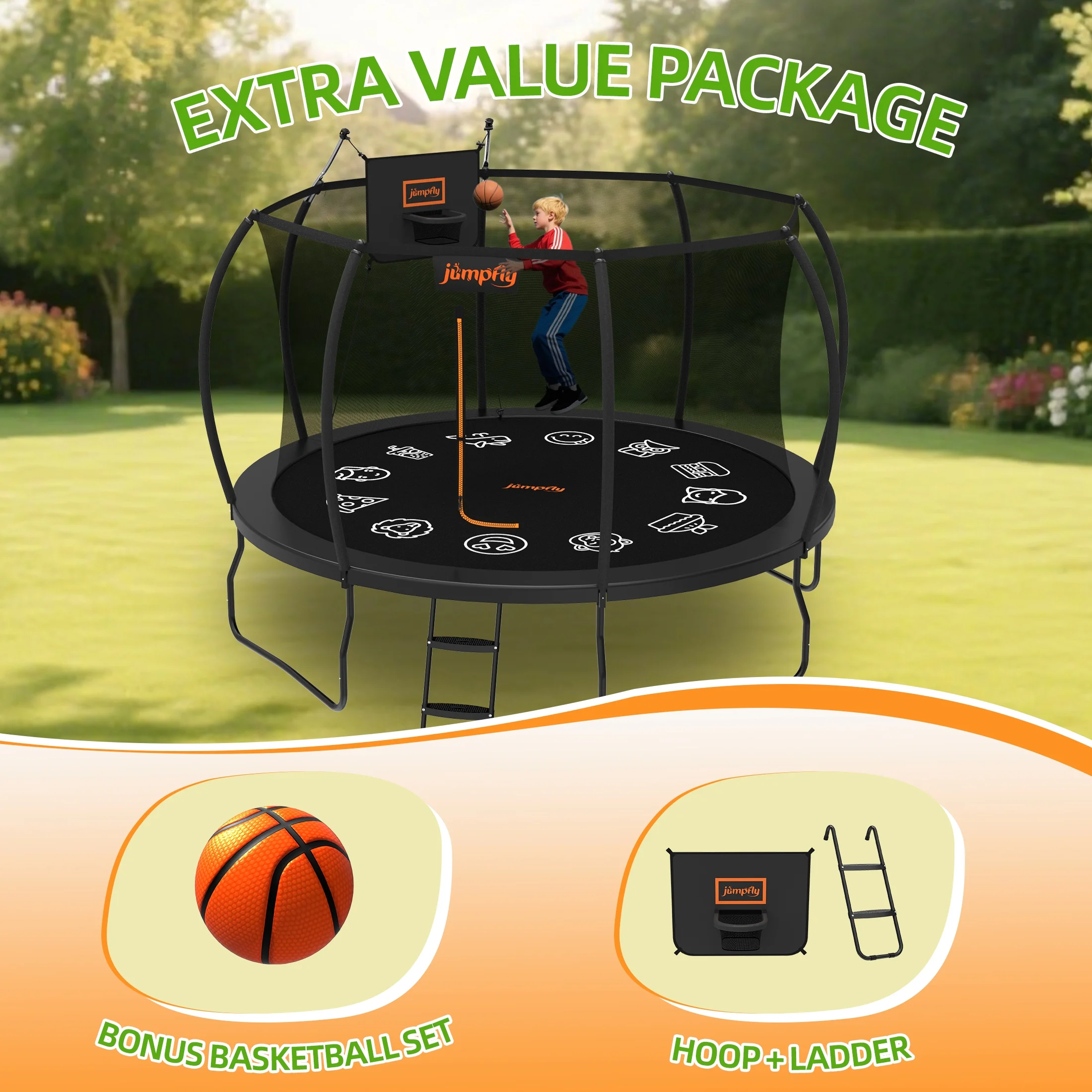 Jumpfly Trampoline 10FT Trampoline with Basketball Hoop-Curved Poles Reinforced Recreational Trampolines with Enclosure And Ladder-Outdoor Trampoline for Kids - Image 4