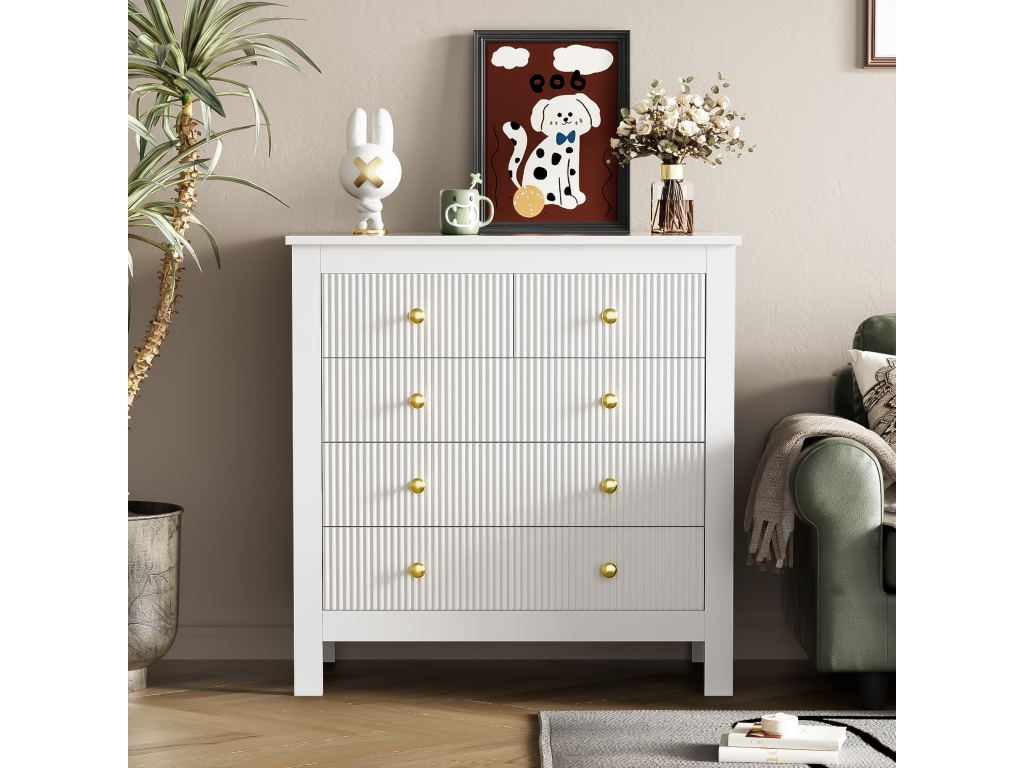 Cómoda con 5 cajones - 79 x 80,5 x 39,5 cm - Tablero de partículas - para salón, dormitorio - Color blanco