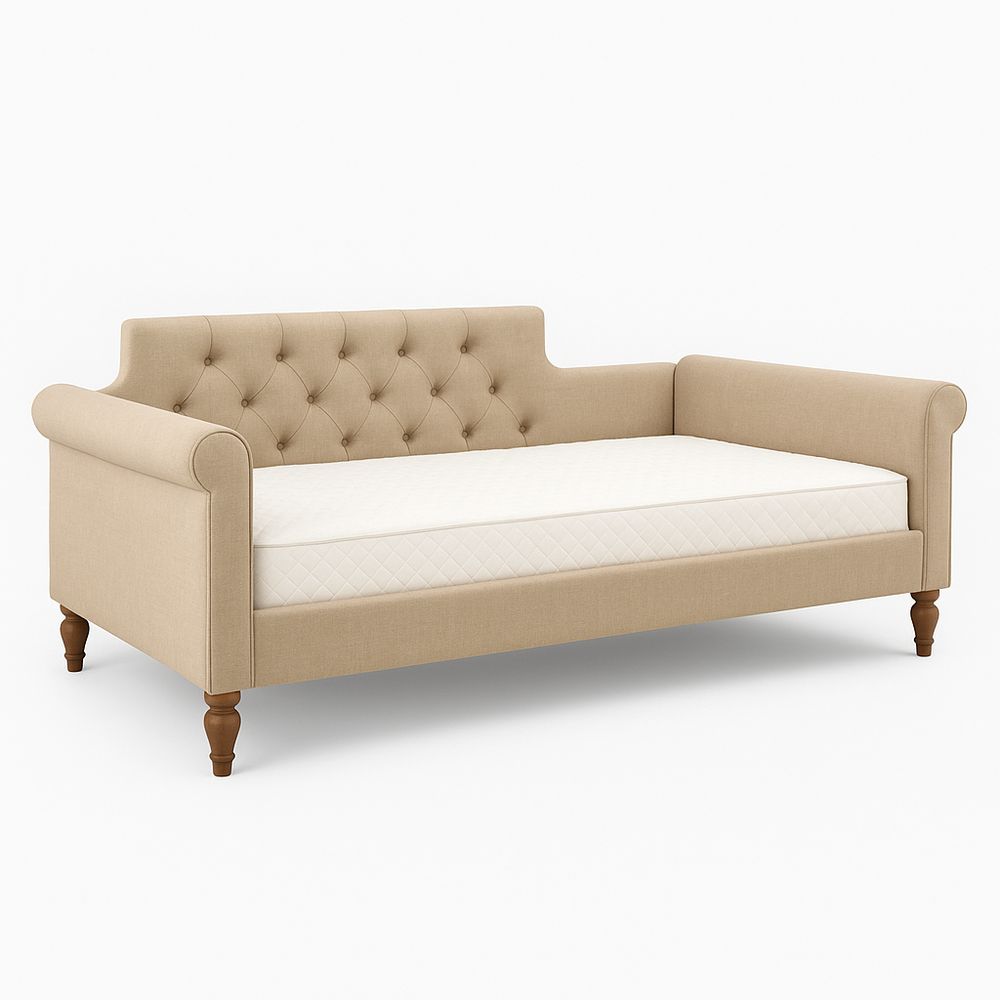 Sofá cama tapizado moderno con base de madera,estilo contemporáneo,color beige,estructura robusta,ideal para espacios pequeños