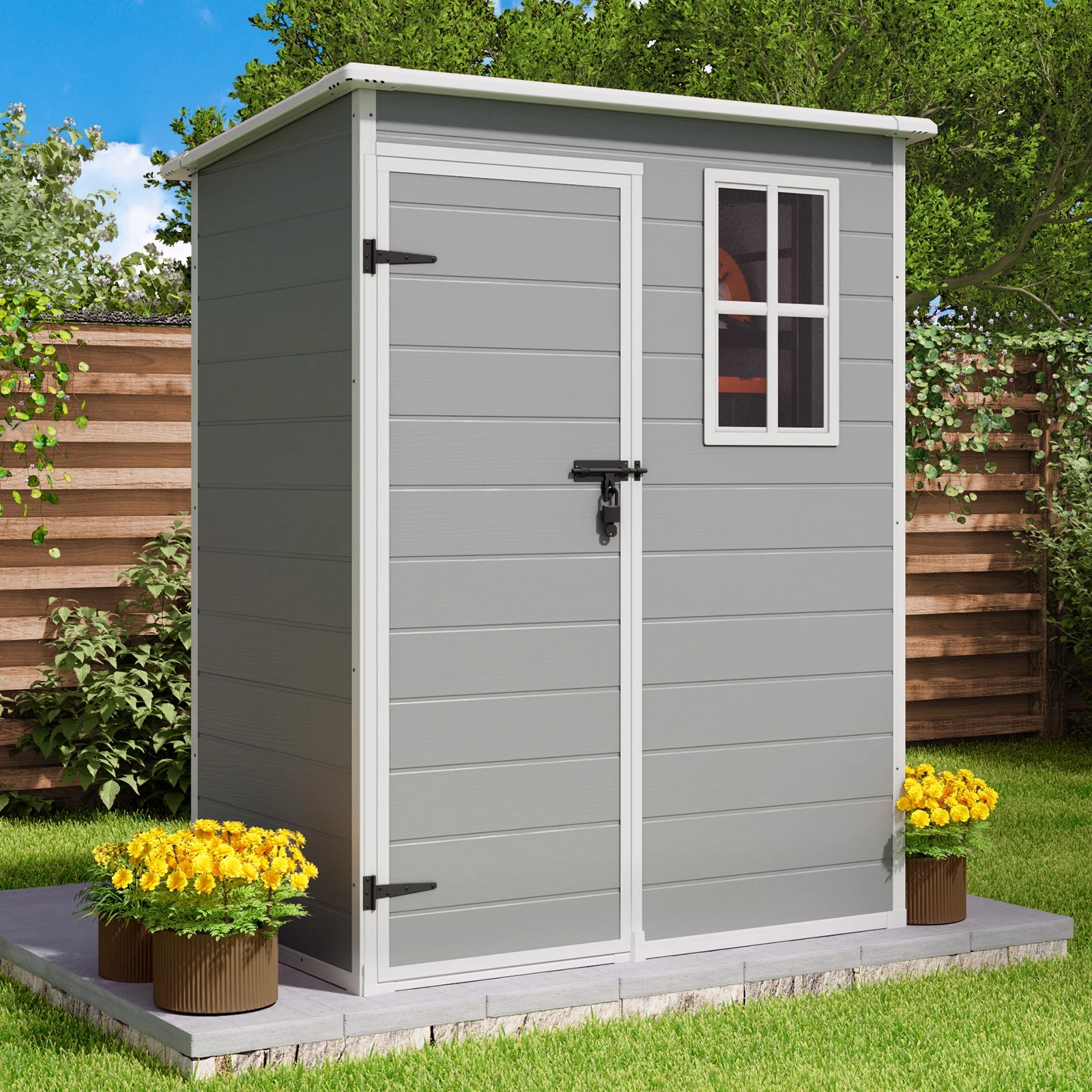 6x4 FT Resin Storage Shed, Lofka Plastic Outdoor Shed with Heavy Duty Floors, 135.6 cu ft, Colorfast, Side Window, Double Lockable Doors for Garden Backyard