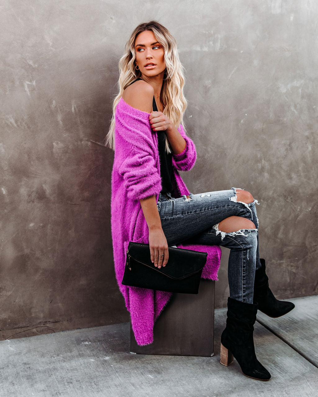 Glorious Pocketed Fuzzy Knit Cardigan - Magenta - Se7enfashion
