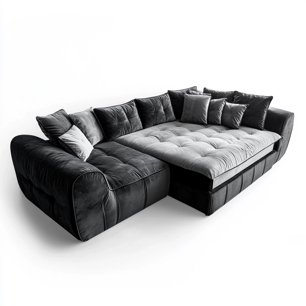 Sofá seccional en forma de L para sala de estar terciopelo negro/gris diseño moderno
