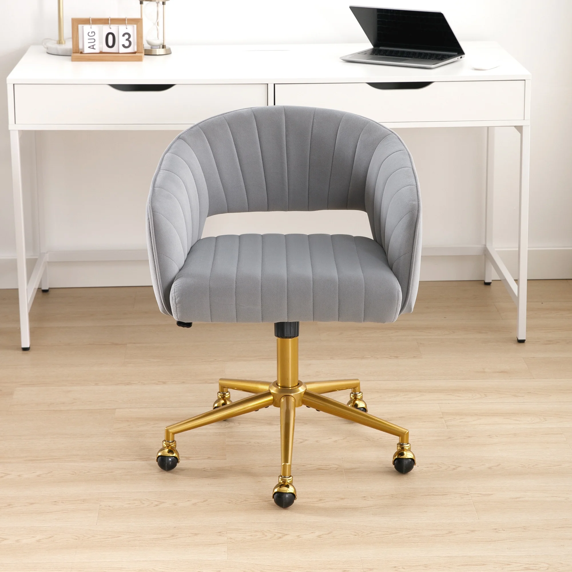 Westice Home Office Desk Chairs, Velvet Task Chair, Height Adjustable Swivel Vanity Chair with Golden Base for Vanity Study, Living Room Computer Room, Beige - Image 63