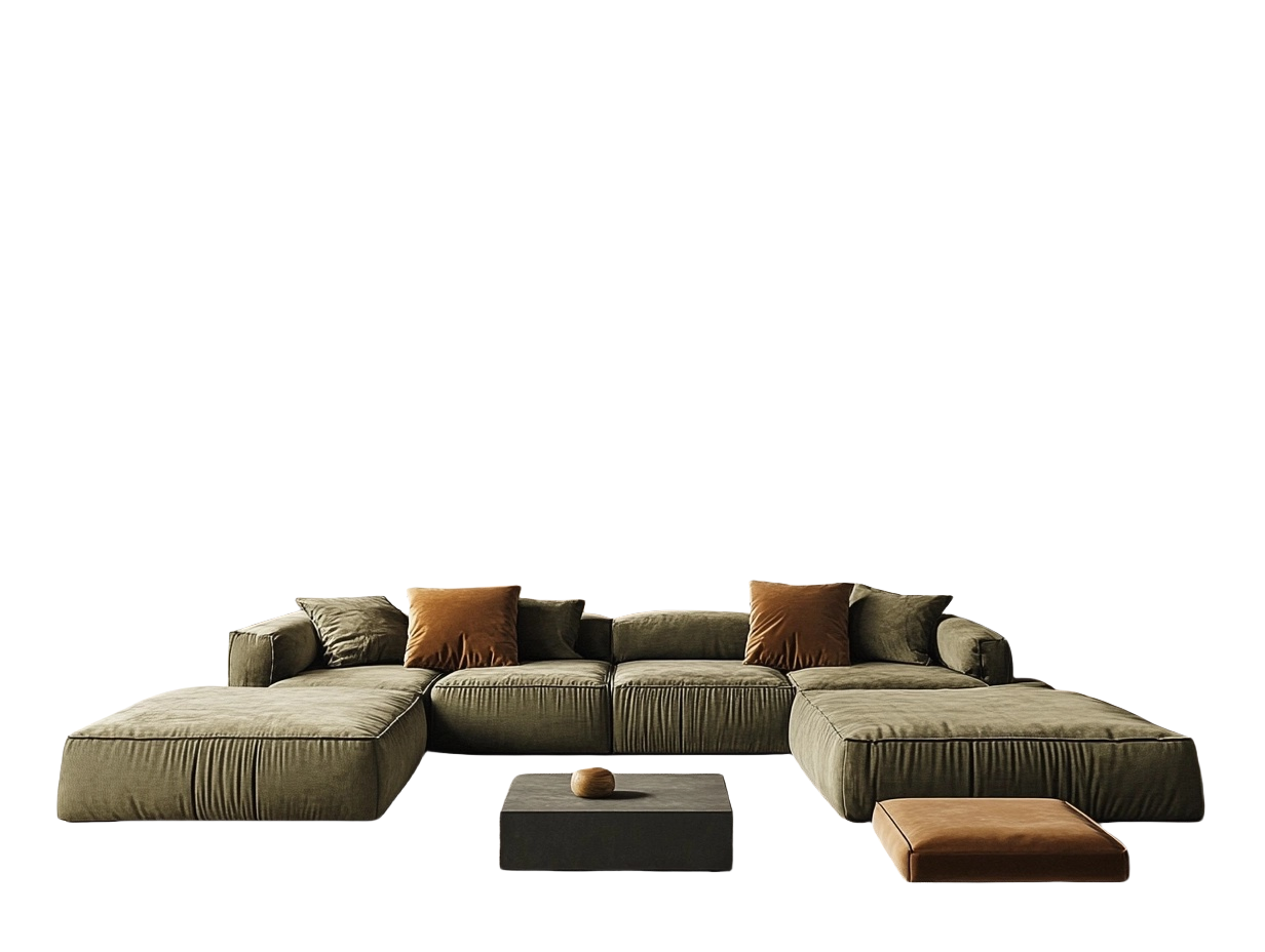 Sofá modular verde de terciopelo 300x200cm para sala de estar con cojines adicional fh4076901