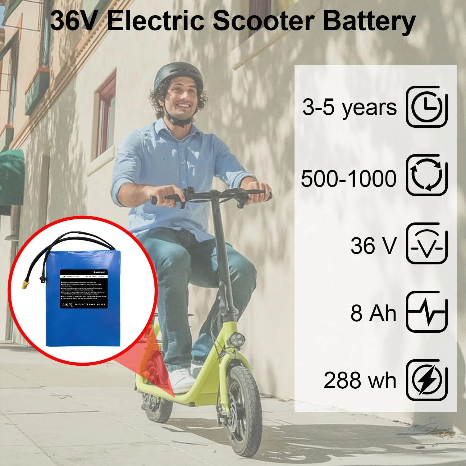 36V 8Ah Electric Scooter Battery Compatible for Phantomgogo R1 Electric Scooters 36V Electric Scooter Replacement Battery 288Wh Li-ion Power Batteries, Size: 7.68 * 5.2 * 1.50 inch - Image 7