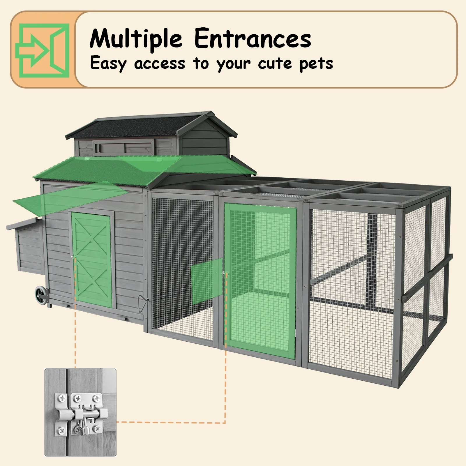 Chicken Coop for 6-10 Chickens, 112" Extal Large Chicken Coops, with Chicken Run & Nesting Box & Secure Enclosure, Outdoor Wooden Hen House Hutch for Rabbit, Poultry Pet, Duck - Image 6
