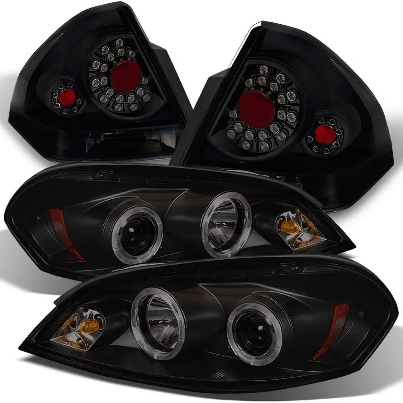 AKKON Black Smoked LED Halo Headlights And LED Tail Lights For 2006-2013 Chevy Impala And 2014-2016 Chevy Impala Limited