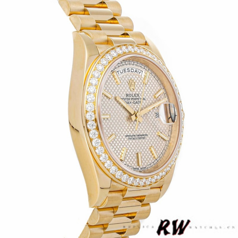 Rolex Day-Date 228348RBR Silver Diagonal Motif Dial Diamond Bezel 40mm Mens Replica Watch
