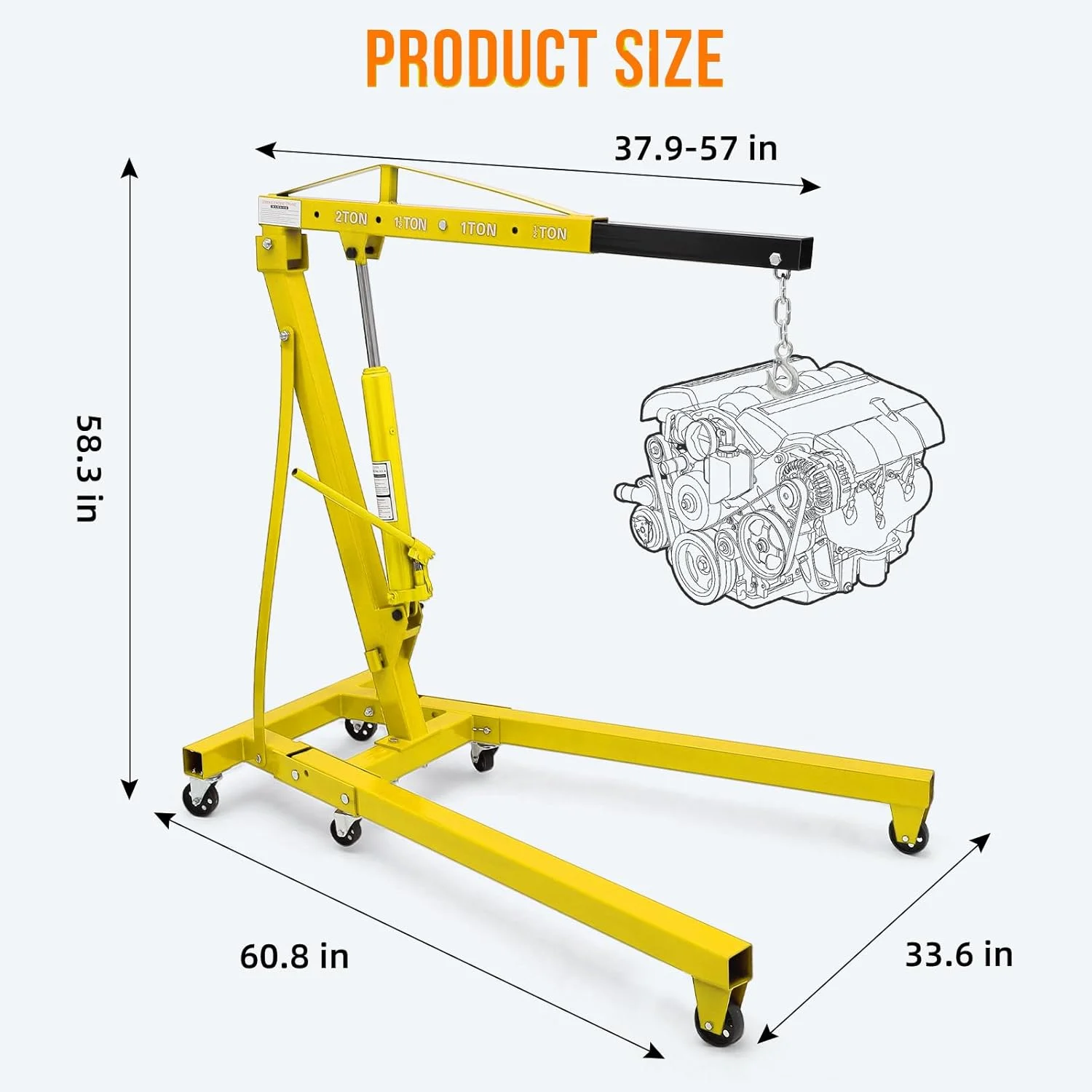 JoanKaren 2 Ton Folding Hydraulic Engine Hoist,Heavy-Duty Engine Shop Crane Hoist Lift,Heavy Cherry Picker with 6 Wheels,Yellow - Image 3