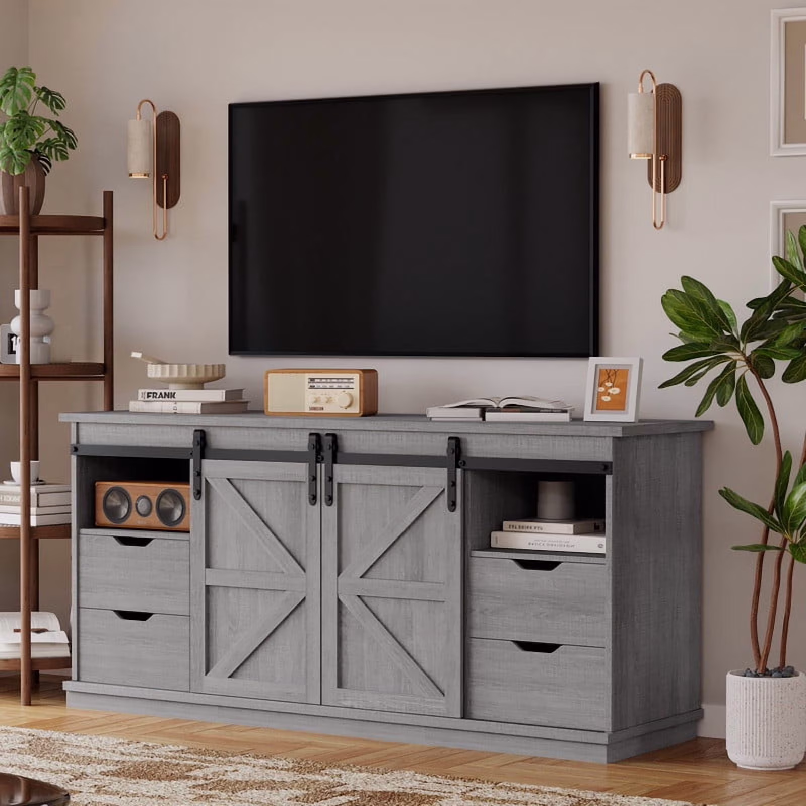 Vineego 70 inch Farmhouse TV Stand for Living Room, Entertainment Center with Sliding Barn Doors & 4 Storage Drawers, Adjustable Shelves Rustic Media Console for Bedroom,White - Image 5