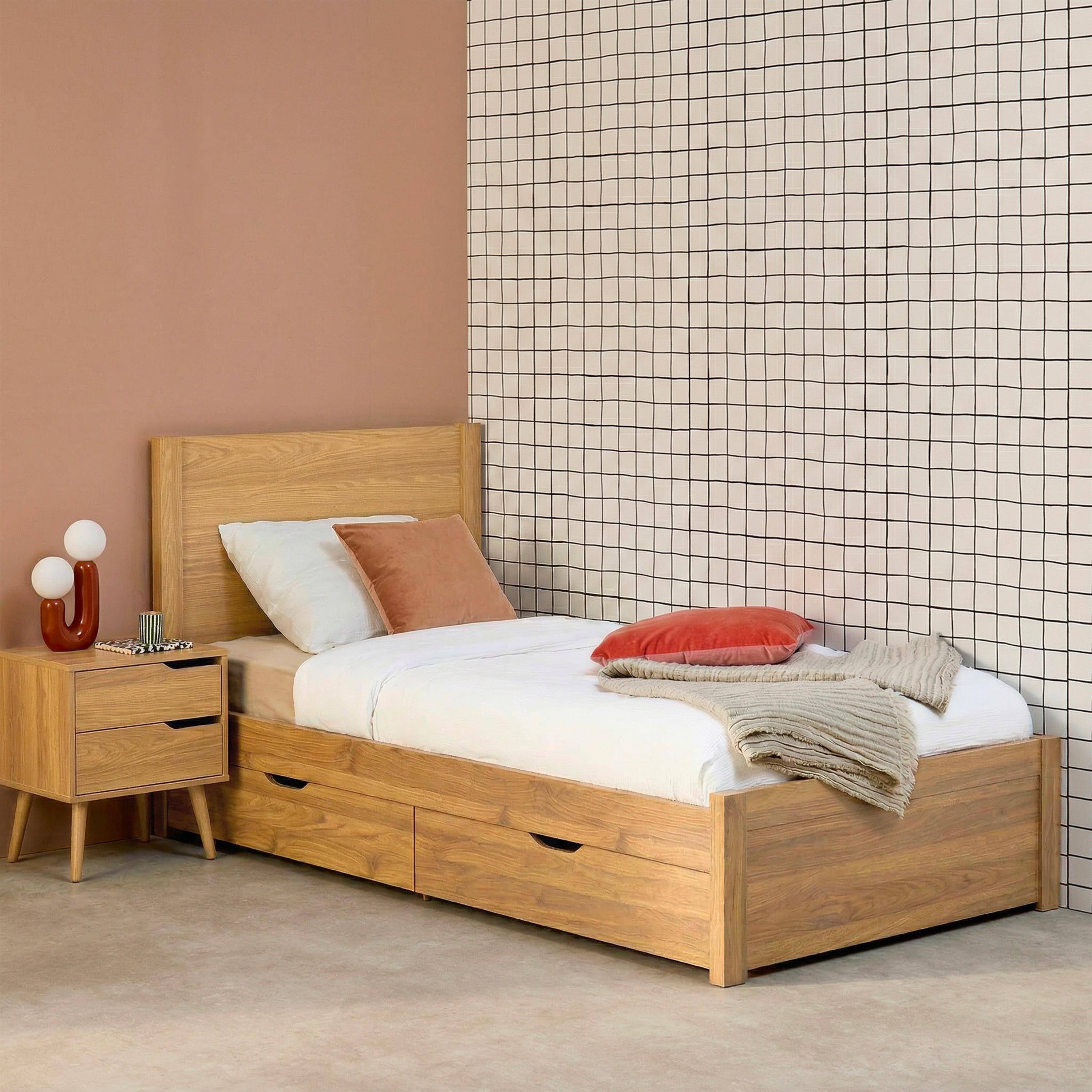 Nepal - Cama con somier de láminas y cabecero, 90x190cm + 4 cajones decorativos de madera