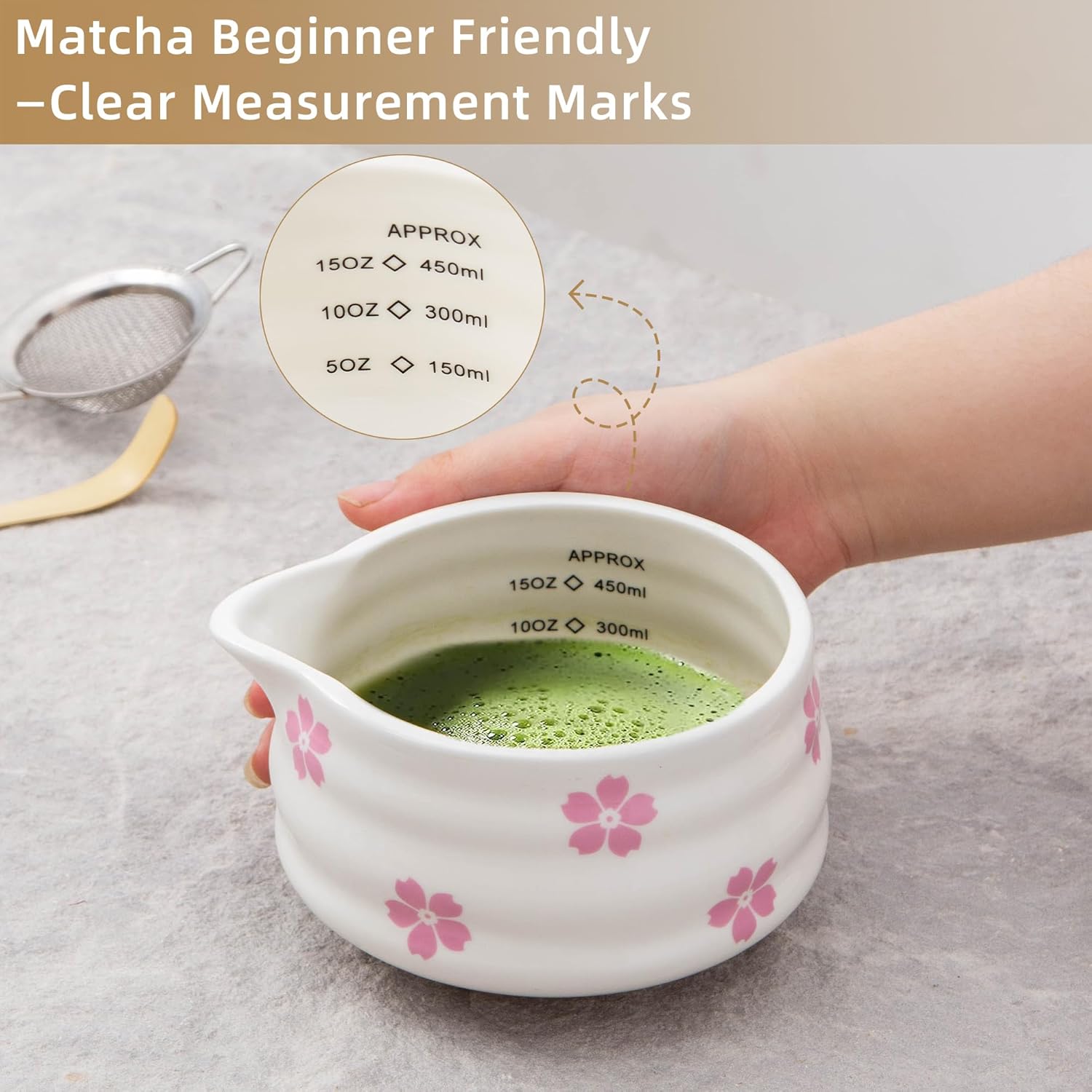 9pcs Premium Matcha Set,Ceramic Bowl with Spout and Bamboo Whisk set, Ceremonical Matcha Kit for breakfast/latte,Tea Starter Making Kit, Unique Christmas/Valentine Gift (Sakura 9pcs)