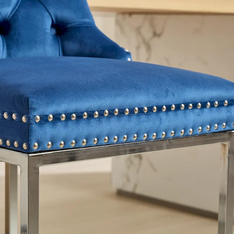 Contemporary Set of 2 Bar Stools with Button-Tufted Back and Studded Trim, Chrome Metal Base - Ideal for Dining Room, Living Room, and Bedroom