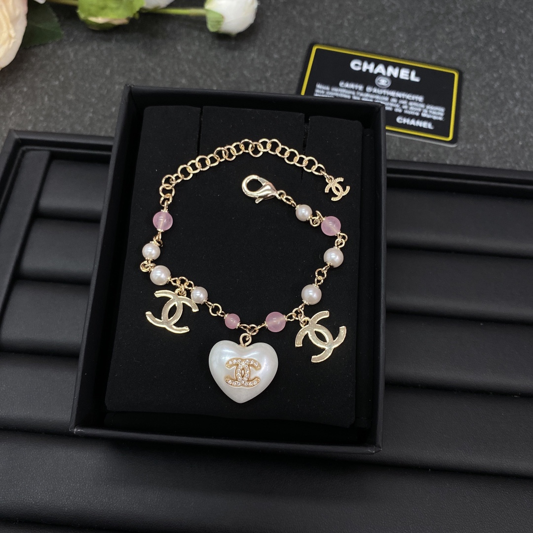 Chanel White Heart Pink Bead Bracelet Earrings - Original Replica Club