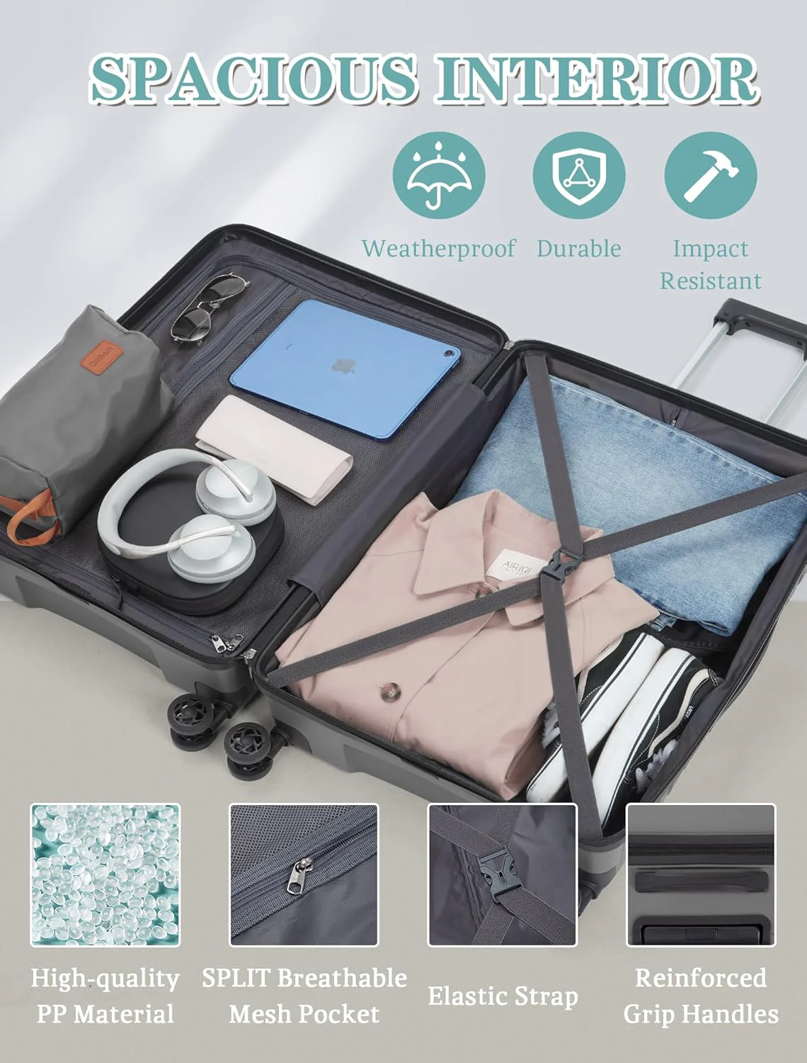 5-piece luggage set with wheels, ABS hardshell suitcase with spinner wheels