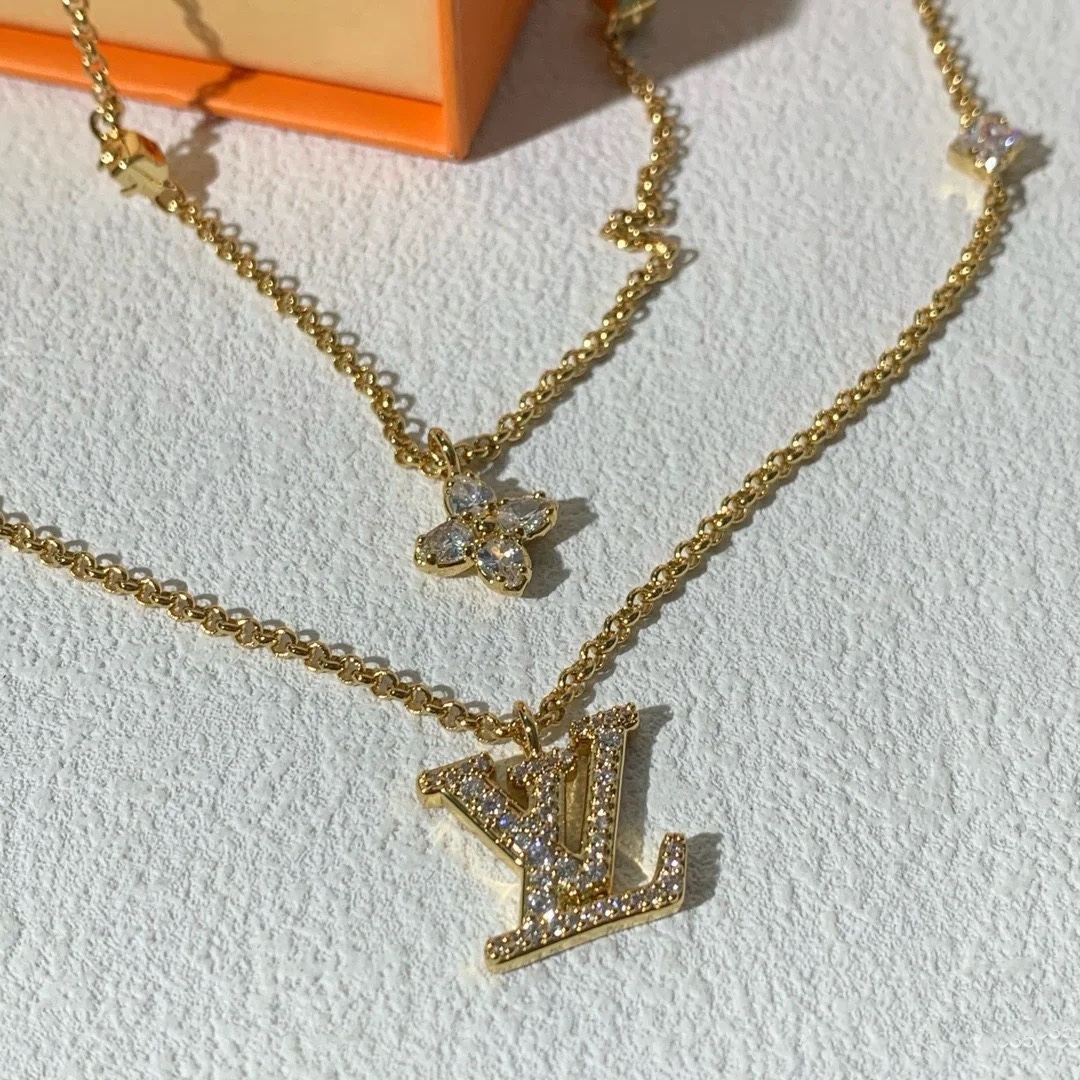 Louis Vuitton 2 Layers Diamond LV Monogram Pendant Necklace - Original Replica Club