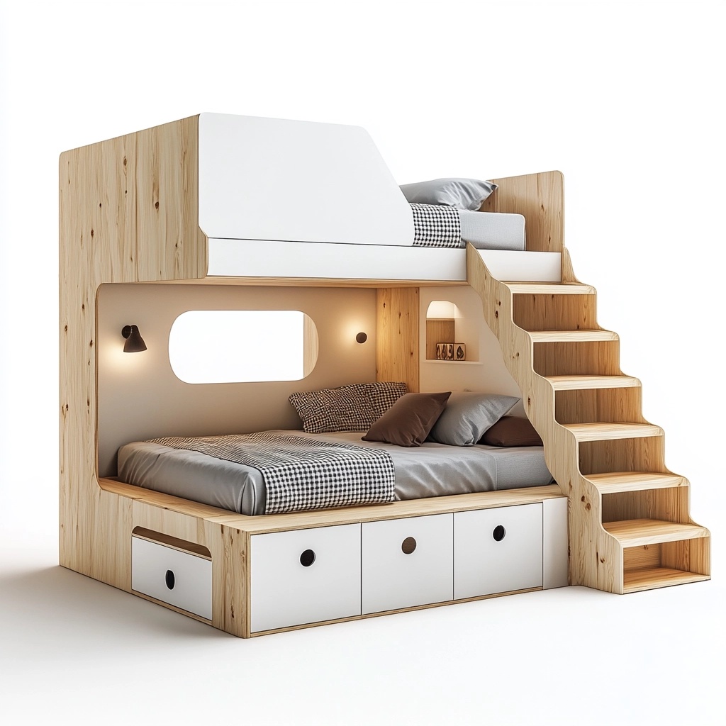 Litera para Niños Madera Pino Blanco Natural con Escalera Almacenamiento