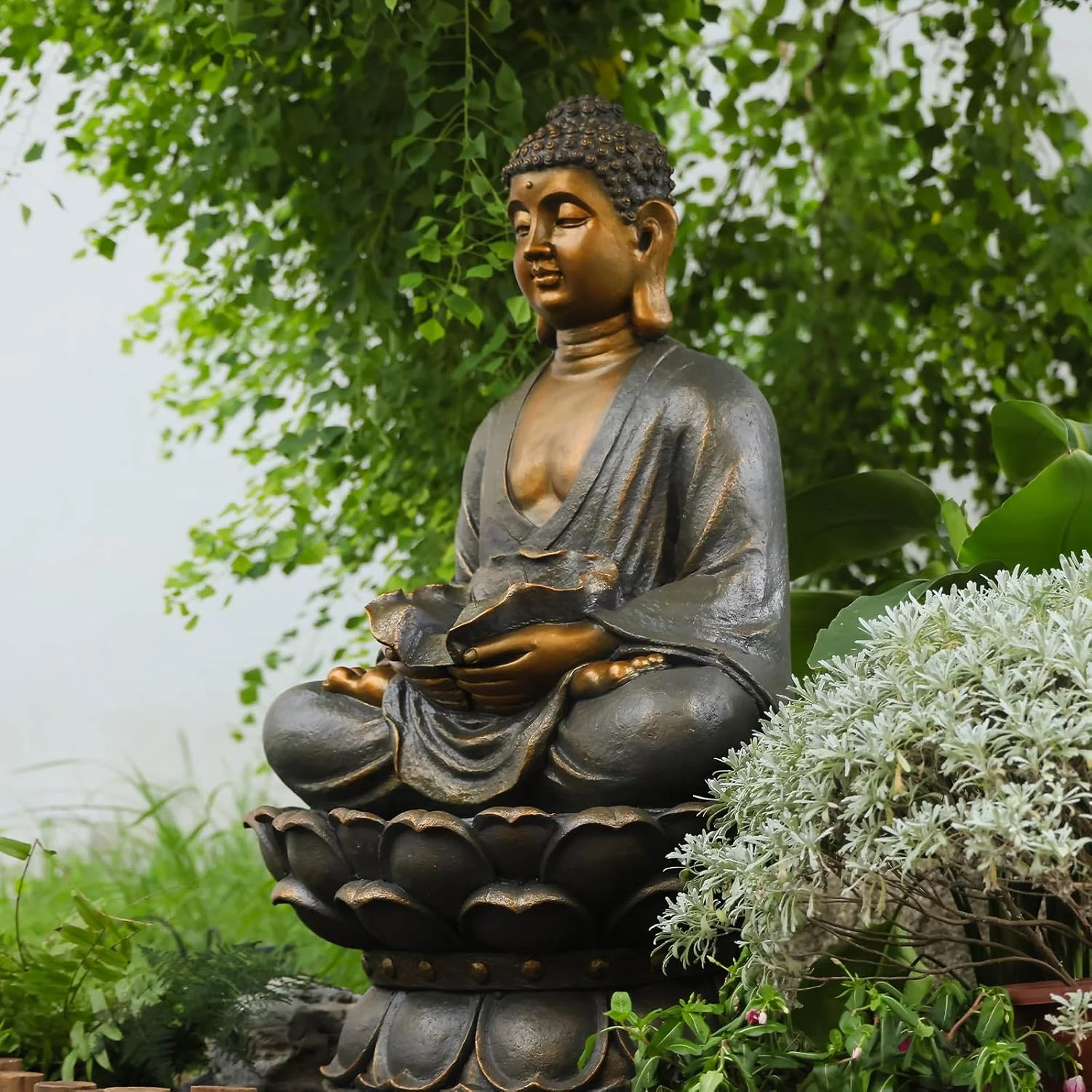 Buddha Water Fountain Outdoor Large Sitting Lotus Base Waterfall Fountains Zen Water Feature Indoor with LED Light for Garden Patio Backyard Deck Lawn Porch Balcony Home 45 inches Gold - Image 4