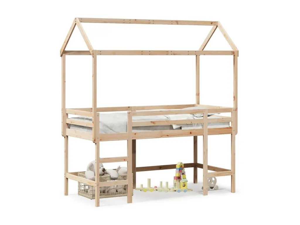 Cama alta con escalera y techo en madera maciza de pino 90x200 cm. edn3541108