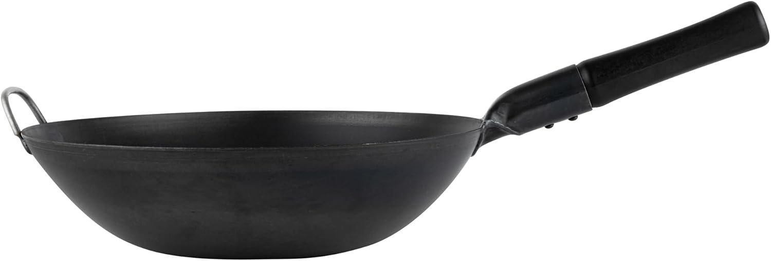 Restaurantware Carbon Steel Wok 1 Pack of 13.3 Inch Heavy-Duty Uniform Heat Distribution Pan Induction Compatible Flat Bottom Wok Welded Handle Black For Gas Stovetops And Grills