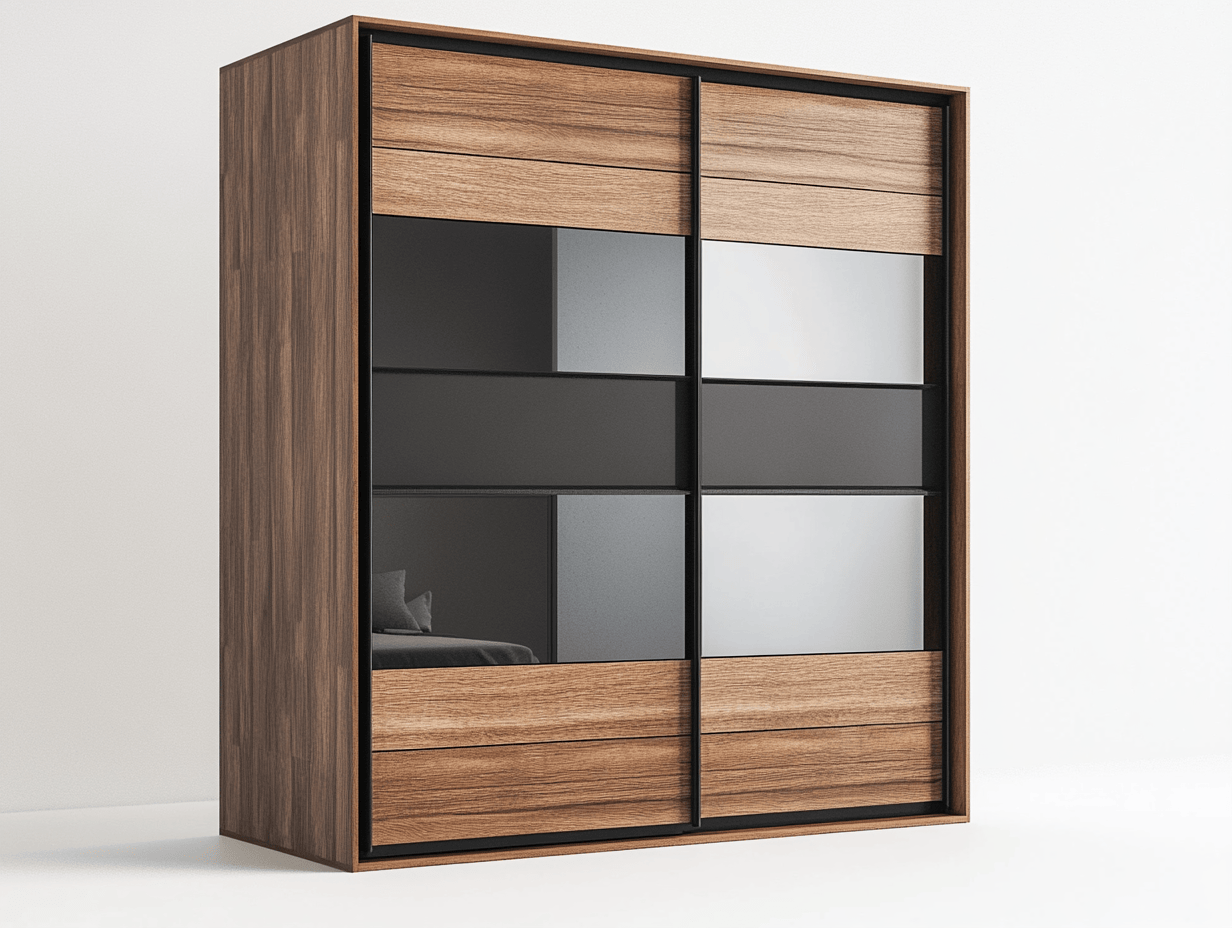 Armario moderno con puertas correderas combinadas en madera y vidrio negro