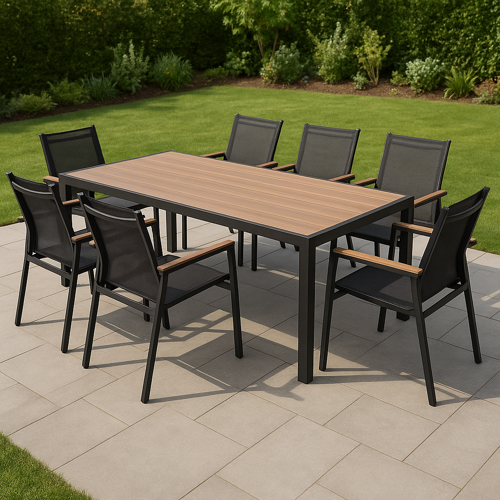 Conjunto de comedor mesa y sillas negro/madera acero textileno exterior 190x80x73 cm