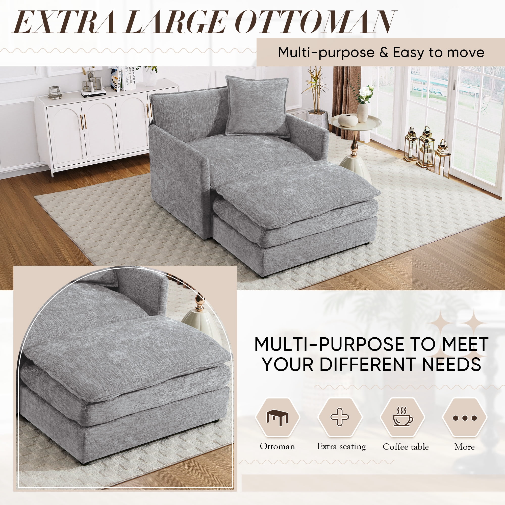 Muumblus Oversized Lounge Chair with Ottoman, Cloud Accent Armchair for Living Room, Beige Chenille - Image 52