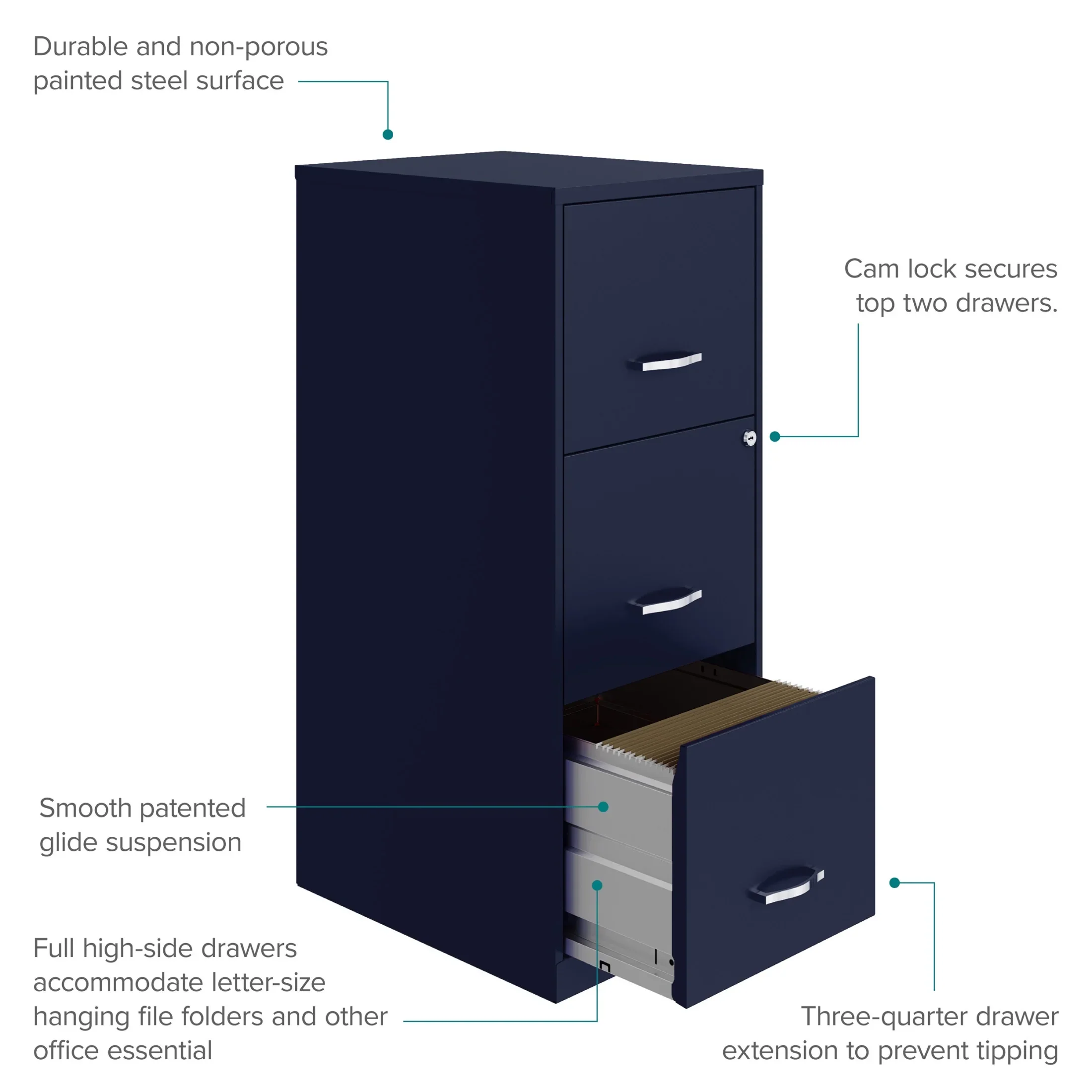 Space Solutions 18" Deep 3 Drawer Smart Letter Width Vertical File Cabinet, Navy