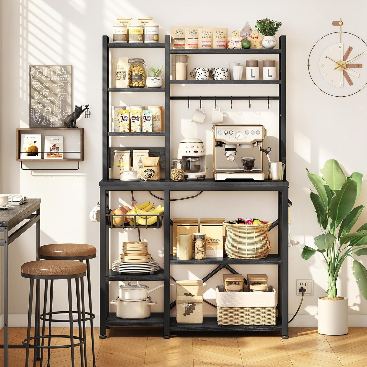 SNTD Baker Rack with Power Outlet - Microwave Stand with Storage, Large Coffee Bar Station with 14 Hooks, Metal Kitchen Shelf Rack for Spices, Pots (Rustic Black)