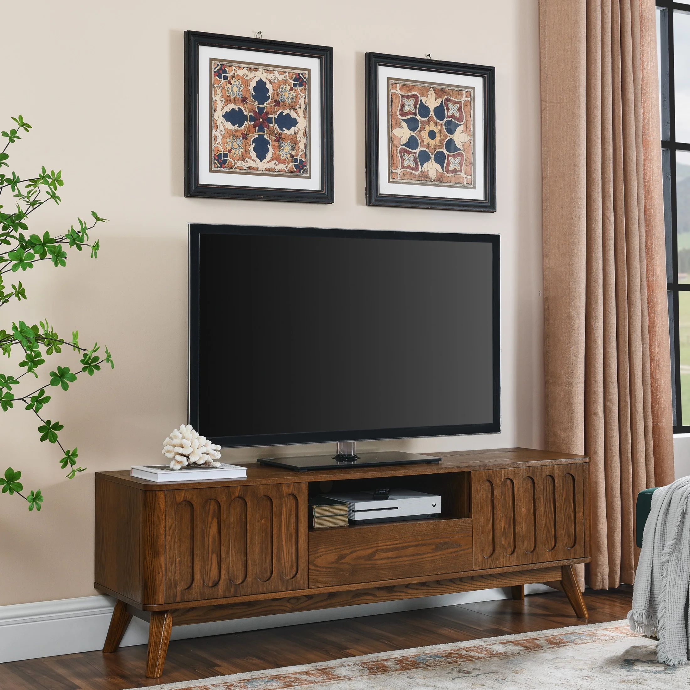 Noble House Mid-Century Modern Fluted TV Stand for 65" TV, Entertainment Console with Storage, Solid Wood Legs, Walnut - Image 5