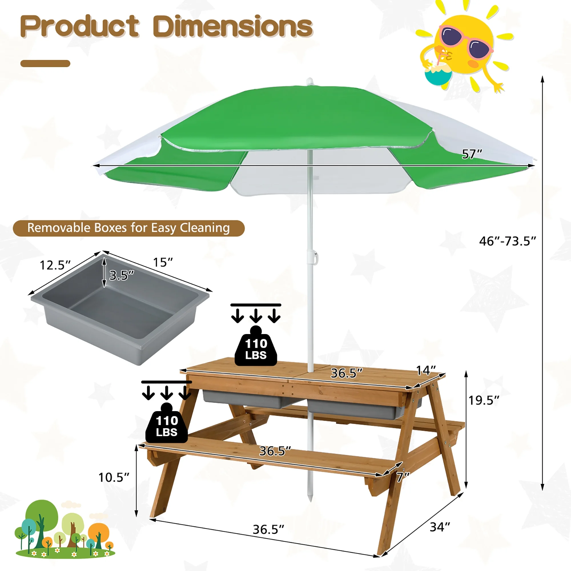 Costway 3-in-1 Kids Picnic Table Wooden Outdoor Sand & Water Table with Umbrella Play Boxes Green - Image 23