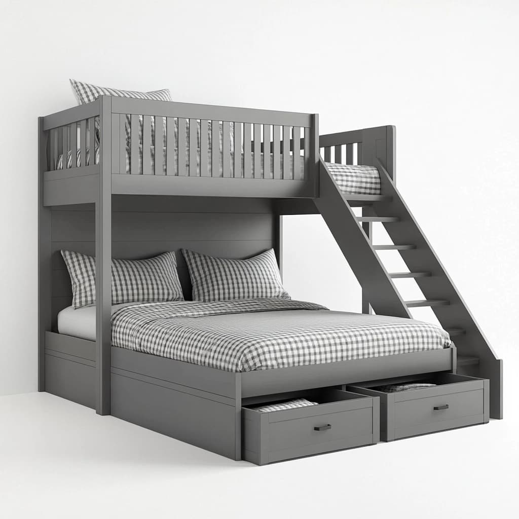 Litera cama doble madera maciza escalera cajones 200x140/200x90 cm Gris