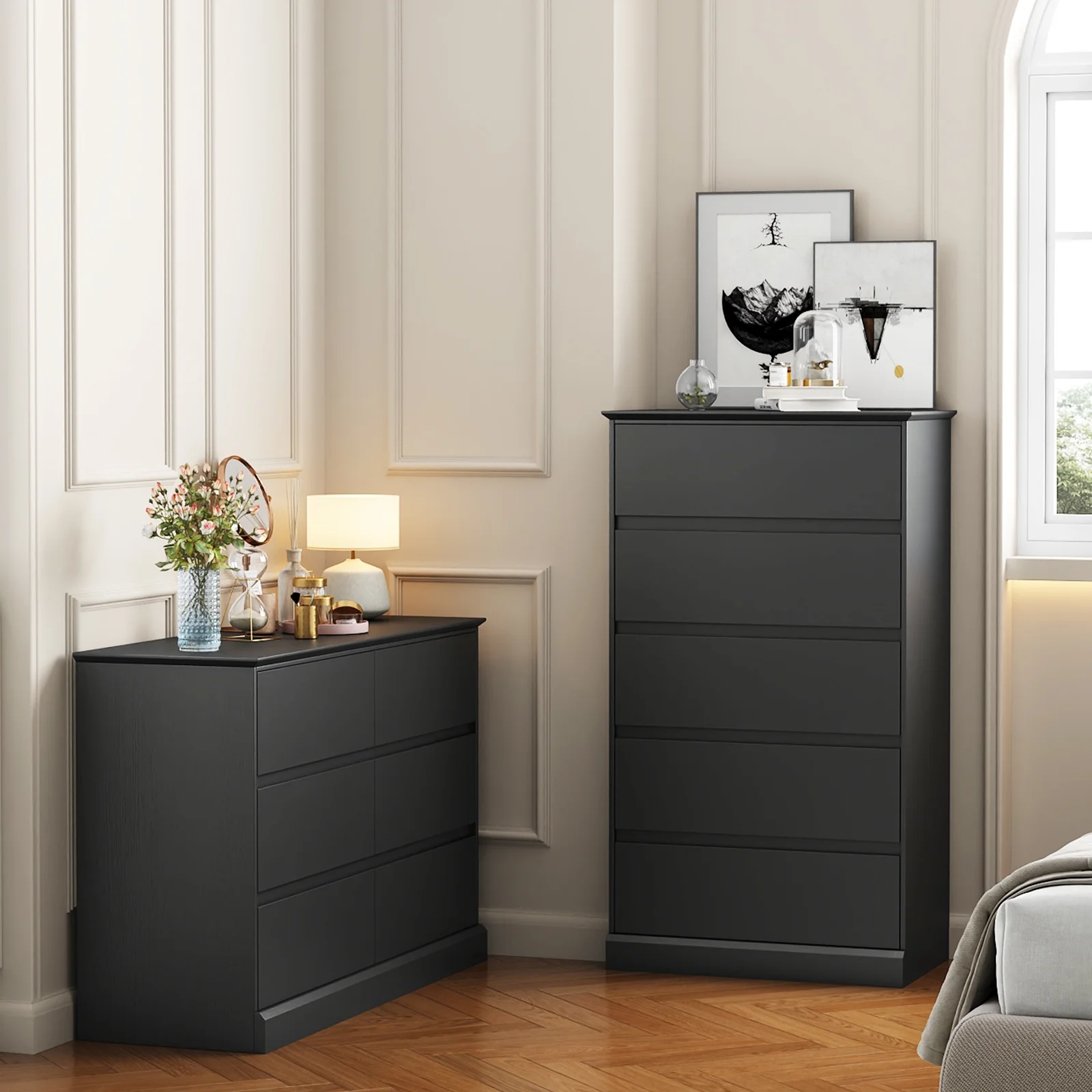 Black Dresser Bedroom Dresser, Tall Wood 5 Drawer Dresser & Chest of Drawers for Closet, Living Room Hallway Kids Bedroom - Image 3