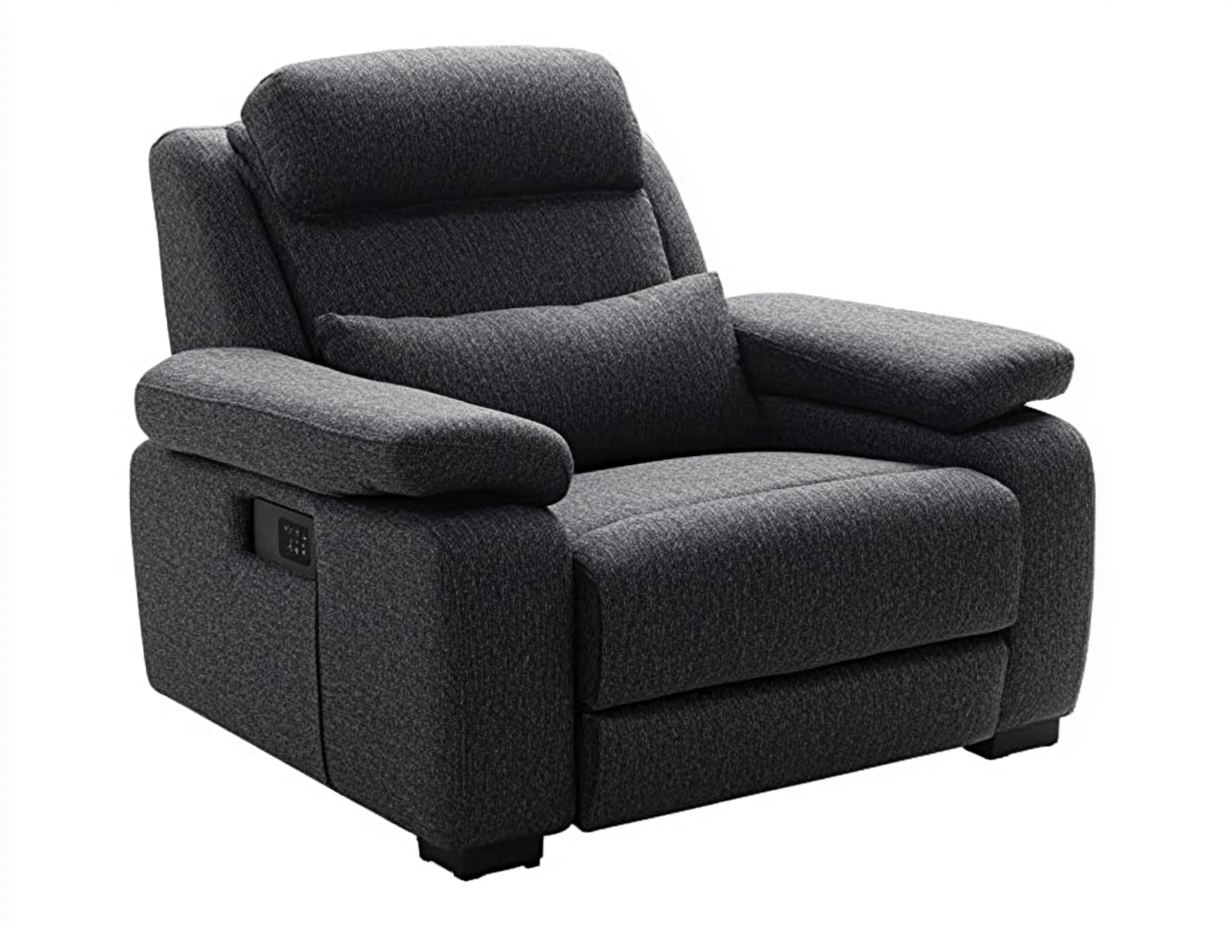 Sillón reclinable tapizado en tela negra con sistema eléctrico