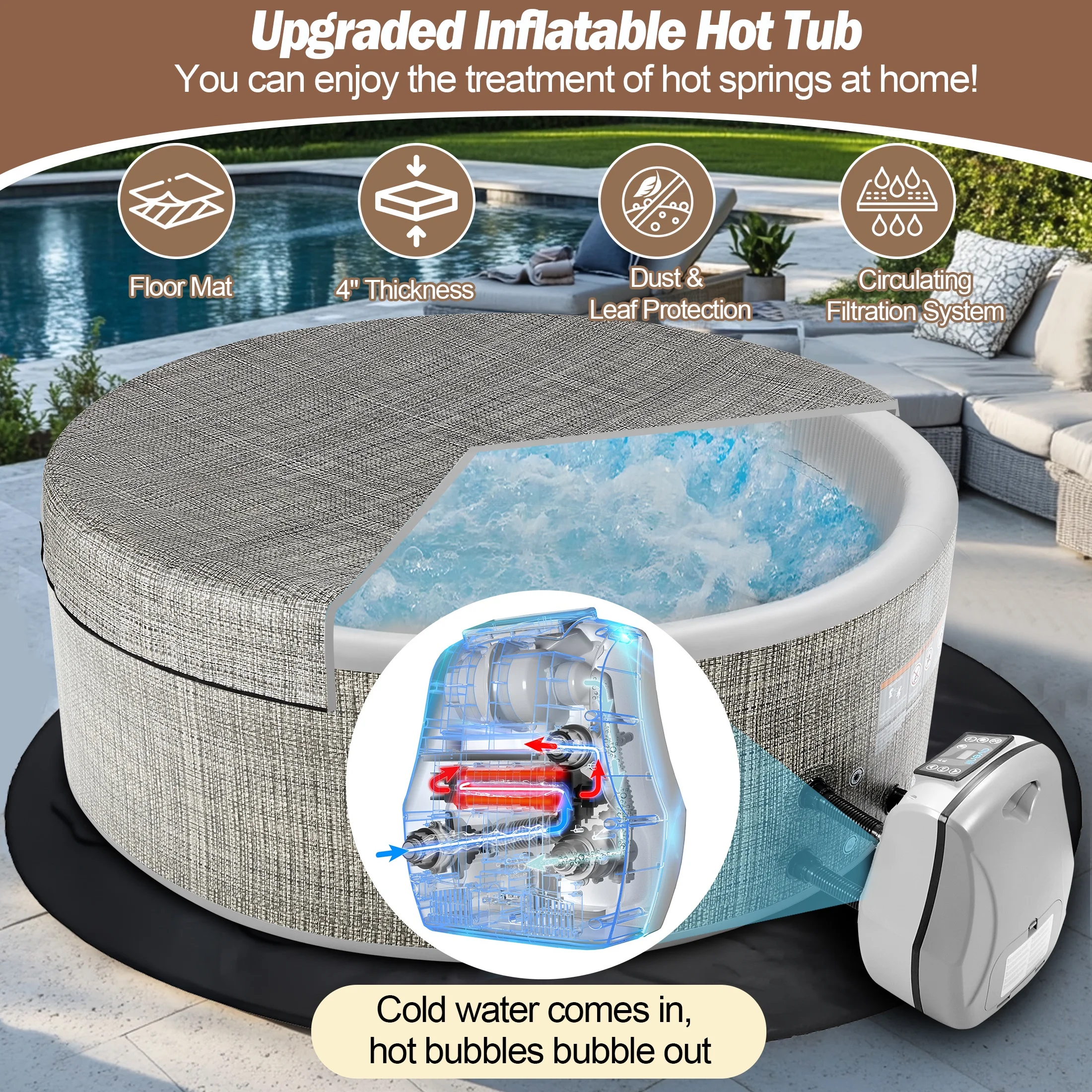 Round Hot Tub Surround Furniture, Spa Surround Outdoor Rattan Sectional Sofa Set with Mini Sofa, Solid Acacia Wood Hot Tub Storage Surround Patio Furniture Set, Gray Cushion - Image 36