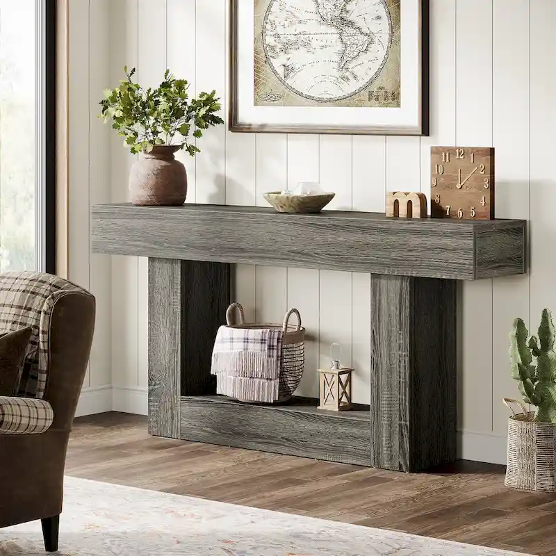 63-Inch Brown and Gray Slim Wooden Console Table for Entryway
