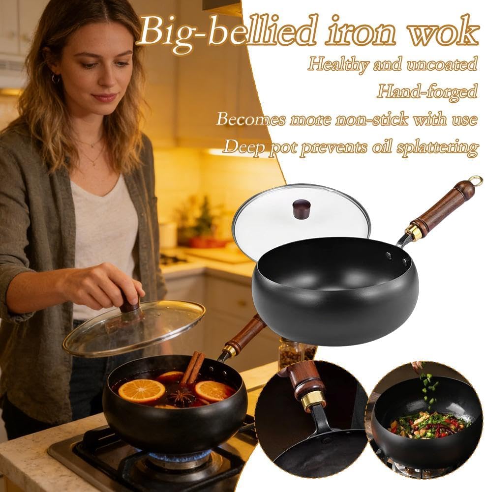 Uncoated Thick Iron Pot,Japanese Casts Irons Cookware,24cm Pure Iron Wok with Lid,Handmade Multifunctional Non Stick Cast Irons Skillet,High Purity Frying Pan for Cooking (24cm with cover)