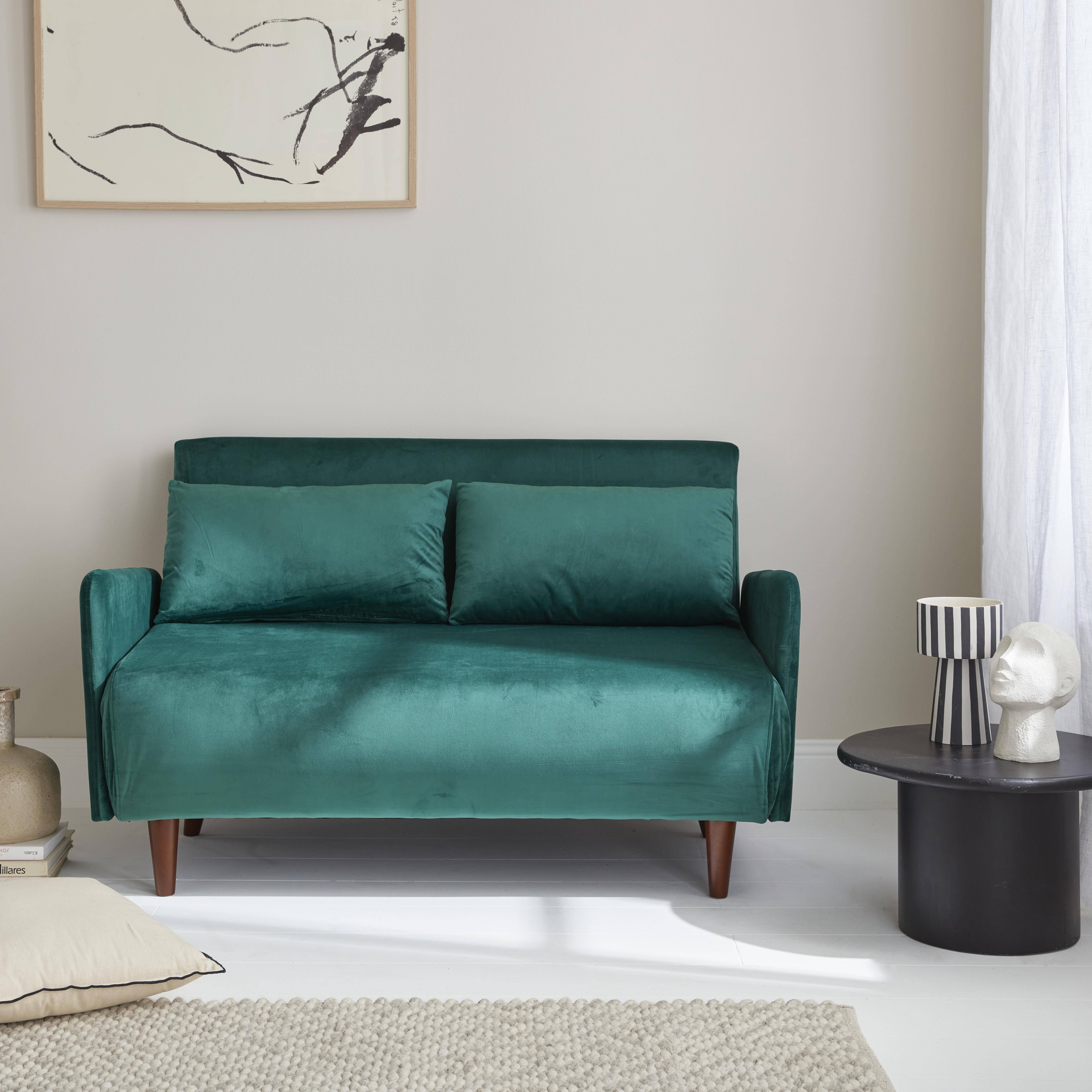 Panam terciopelo - Sofá cama de terciopelo con patas de madera, 2 plazas