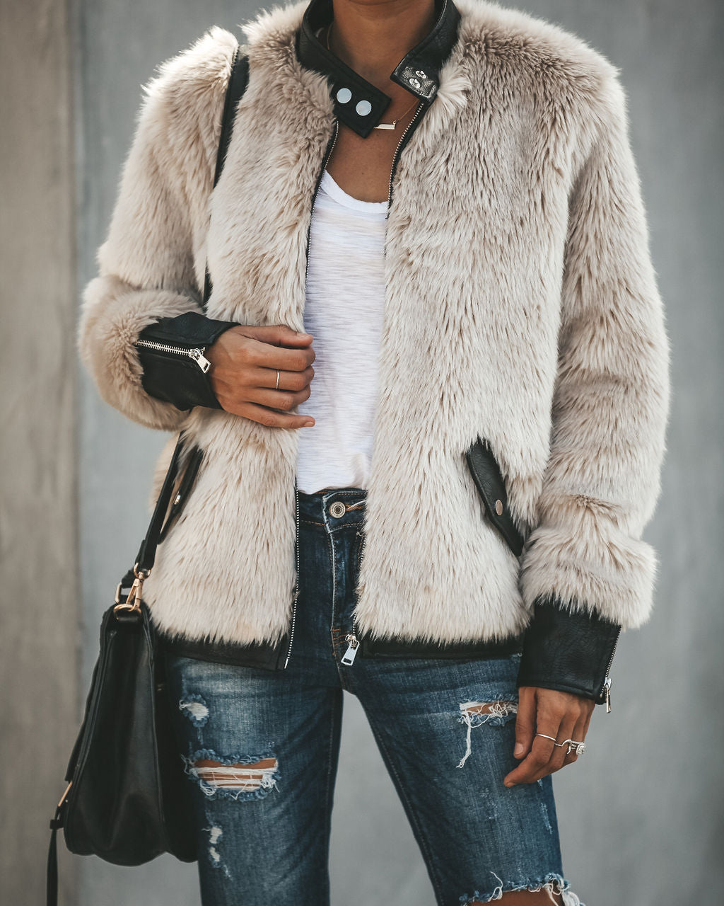 Vanity Faux Fur Leather Trim Pocketed Jacket - Se7enfashion