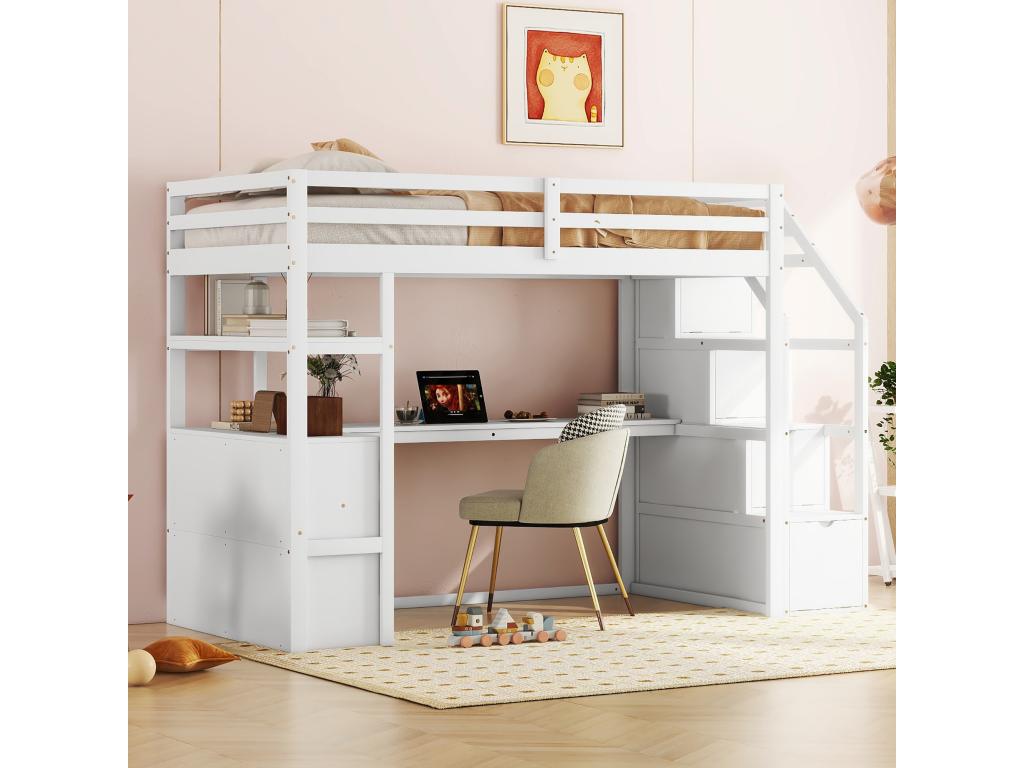 Cama alta de 90 x 200 cm con escritorio, 2 cajones, 3 nichos y estantes, escalera de almacenamiento, madera de pino, blanco