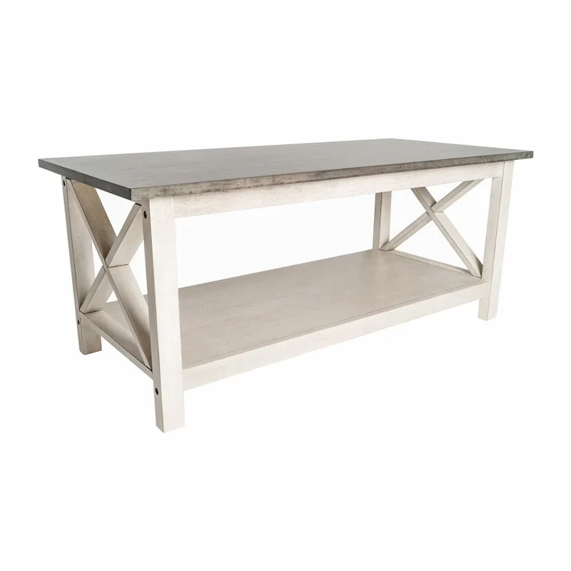 Farmhouse Coffee Table with Shelf and X-Frame Design