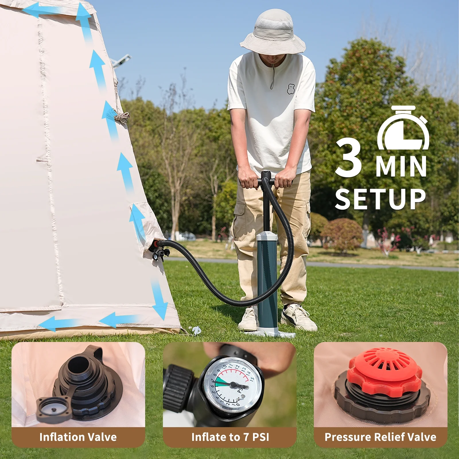 Lilypelle 4-6 Person Blow Up Inflatable Tent with Stove Jack, Hot Tent for Camping with Hand Pump, Waterproof Inflatable Camp Tent with Mesh Windows, Easy Setup Glamping Inflatable House - Image 27