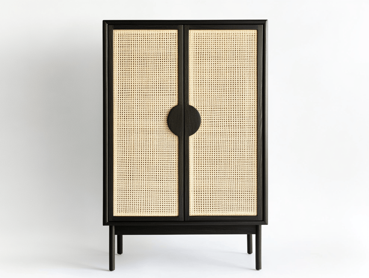 Armario de almacenamiento alto – 2 puertas de ratán natural – 80×45×110 cm – negro/mimbre – estilo vintage japonés con patas elevadas
