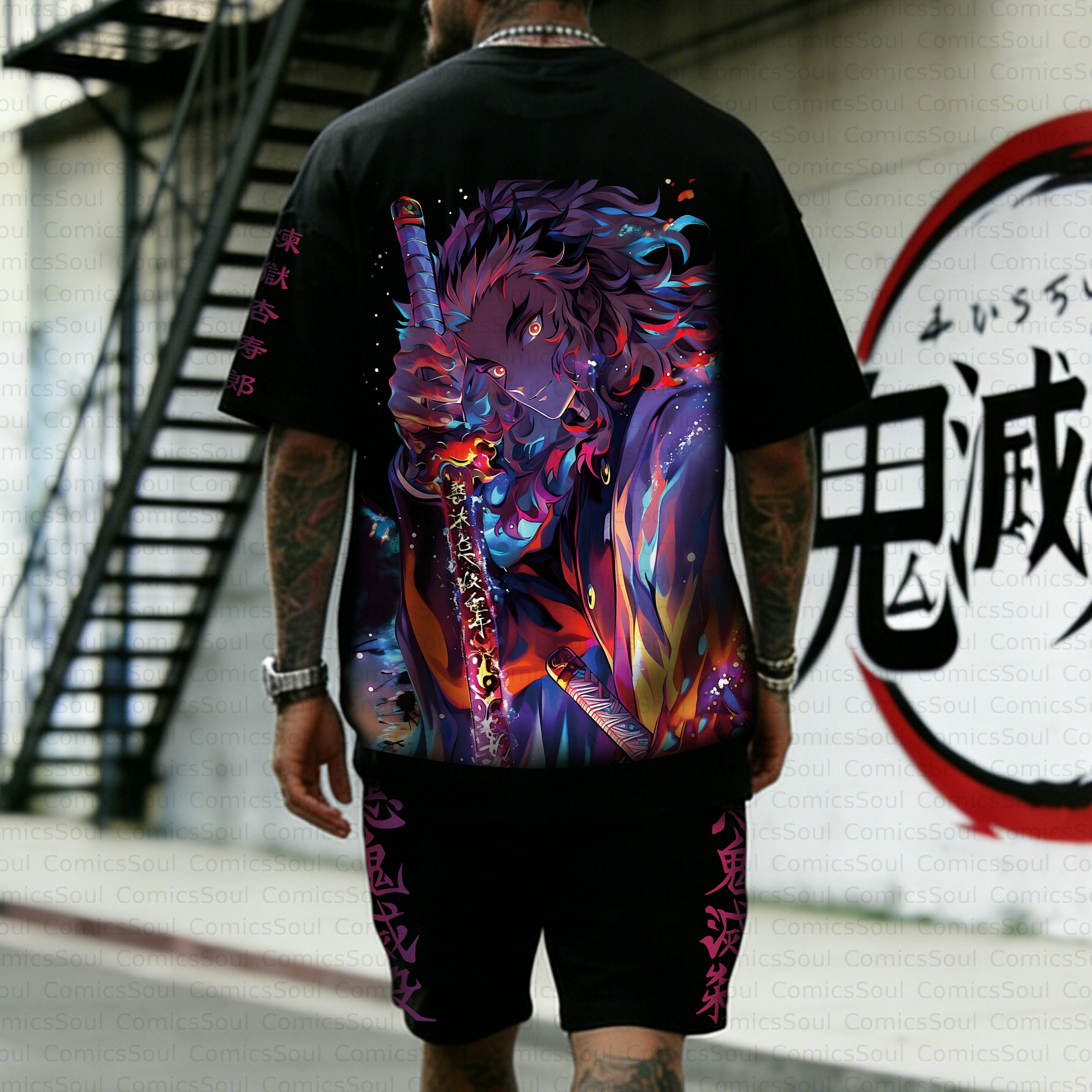 Unisex Anime Inspired Vintage T-shirt& Shorts 2 Pieces Set