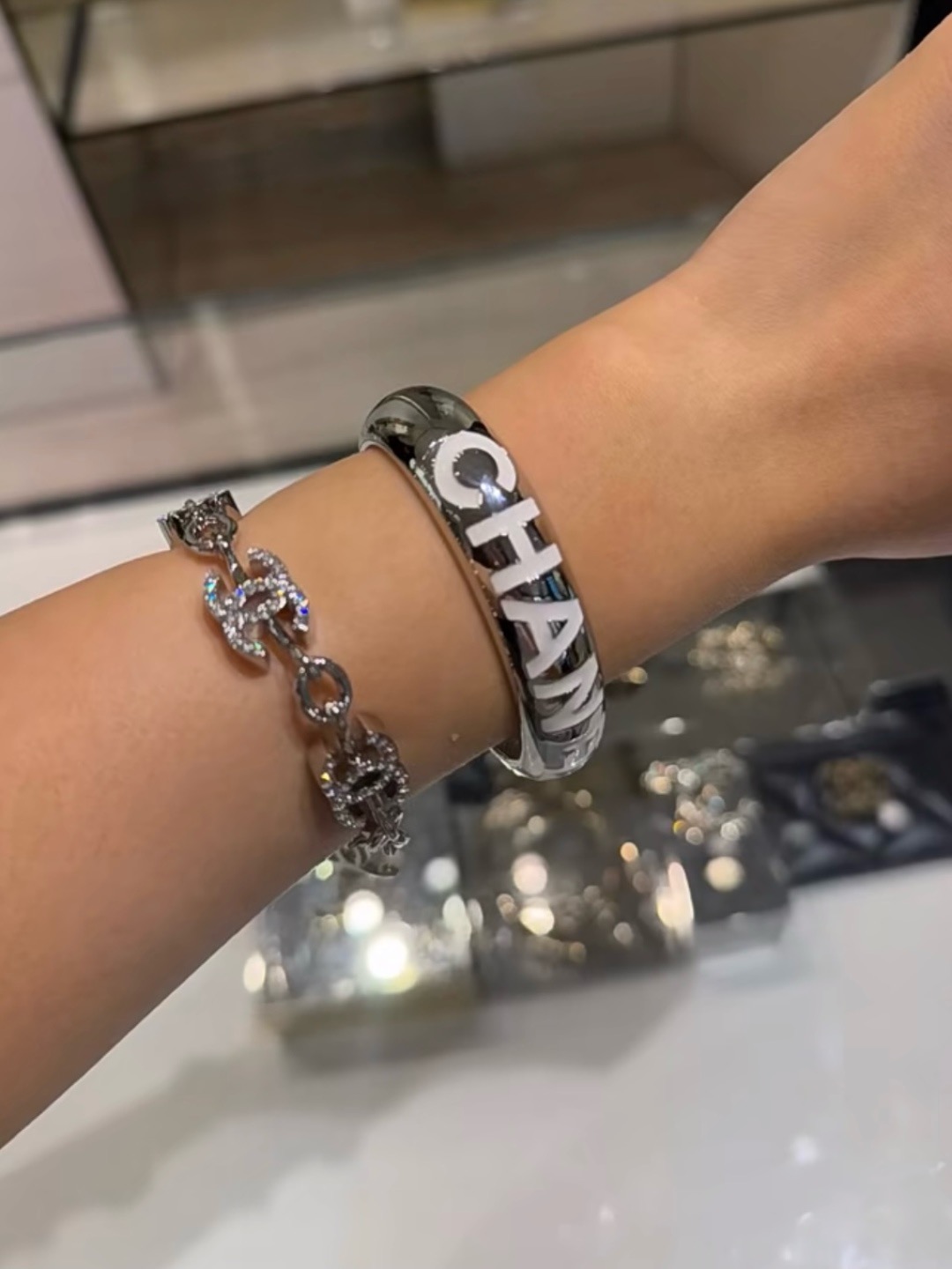 Chanel Hollow CC Chain Rhinestone Silver Bracelet - Original Replica Club