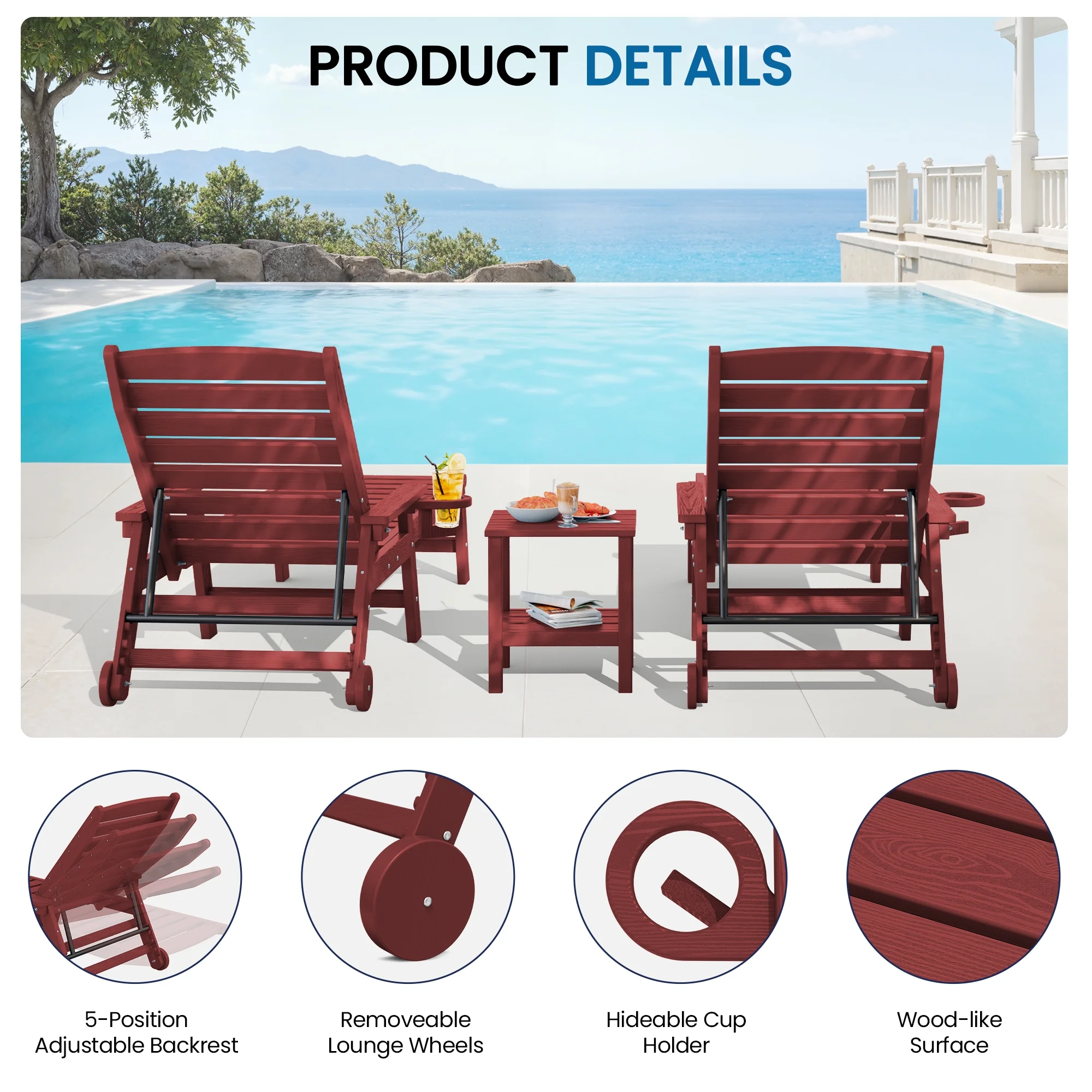 SERWALL Patio Chaise Lounge Chair, 78'' HDPE Outdoor Lounge Chair 5 Positions Pool Lounger Navy Blue - Image 48