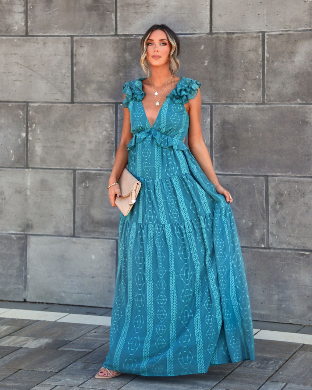 Debbie Embroidered Ruffle Maxi Dress - Teal - Se7enfashion