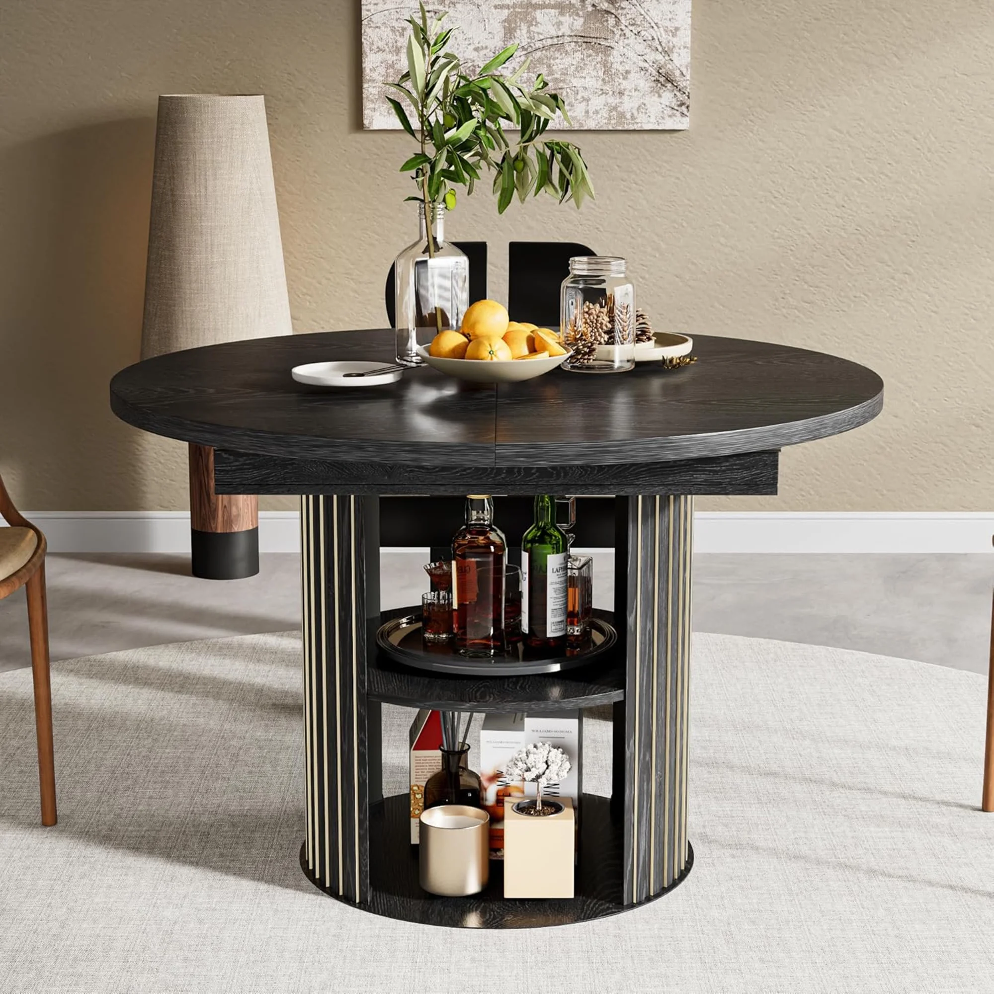 Extendable Dining Table for 4-6, Round Kitchen Table with Storage Shelf, Oval Dining Tables for Living Room (Walnut) - Image 14