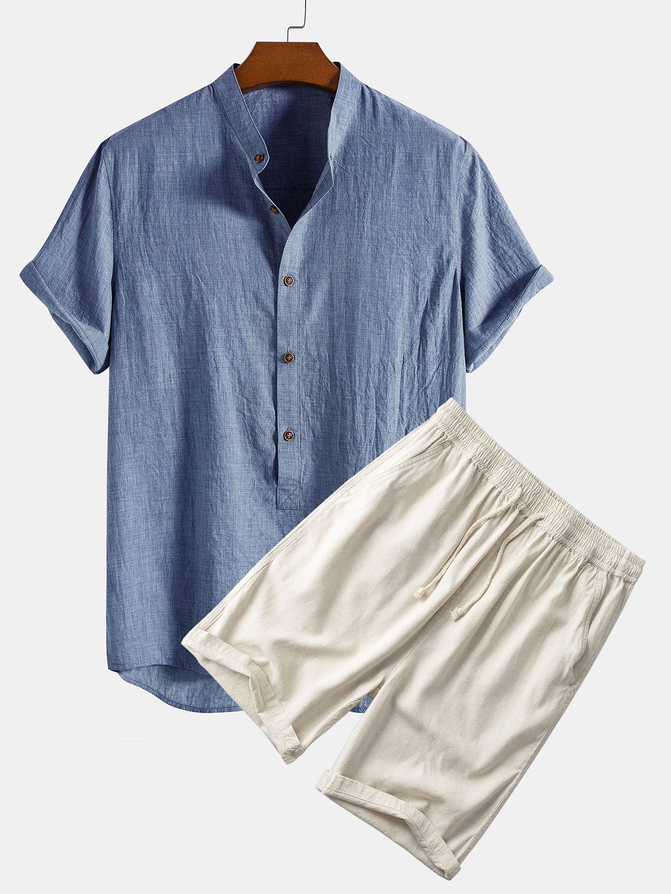 Short Sleeve Half Button Fly Henley Collar Shirt & Linen Cotton Blend 11